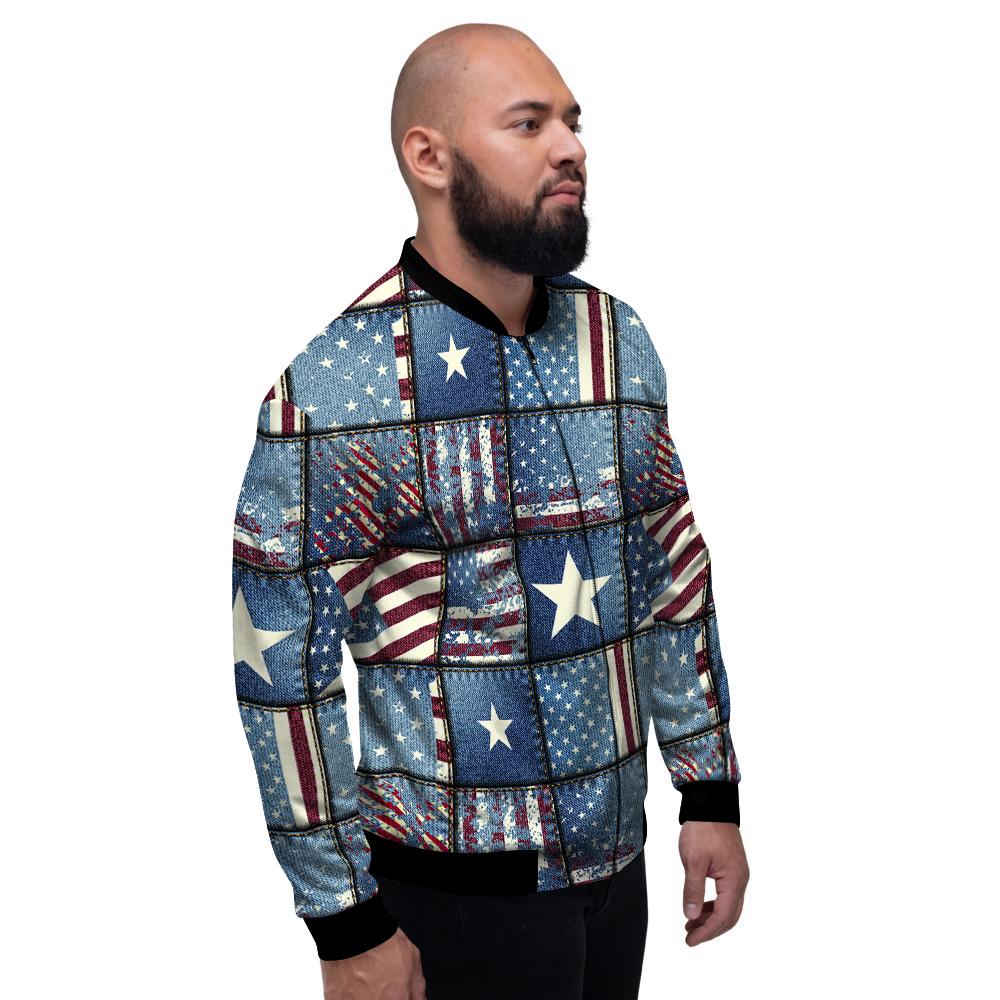 Patchwork USA Denim Print Pattern Men's Bomber Jacket-grizzshop