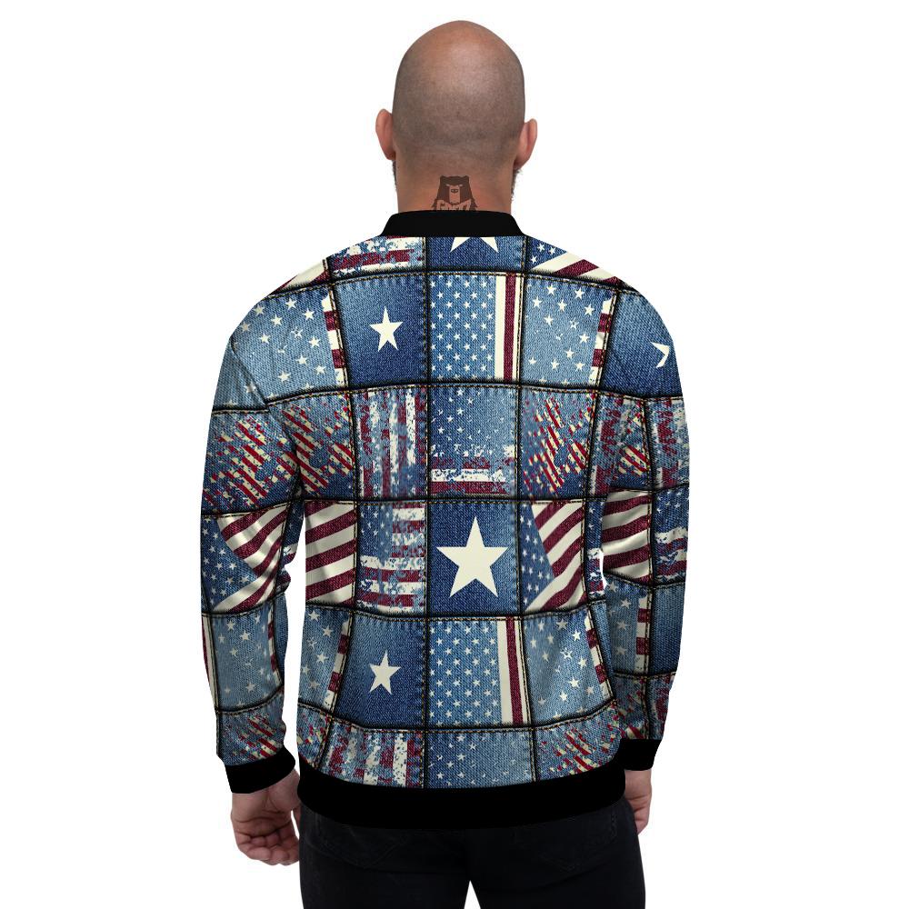 Patchwork USA Denim Print Pattern Men's Bomber Jacket-grizzshop