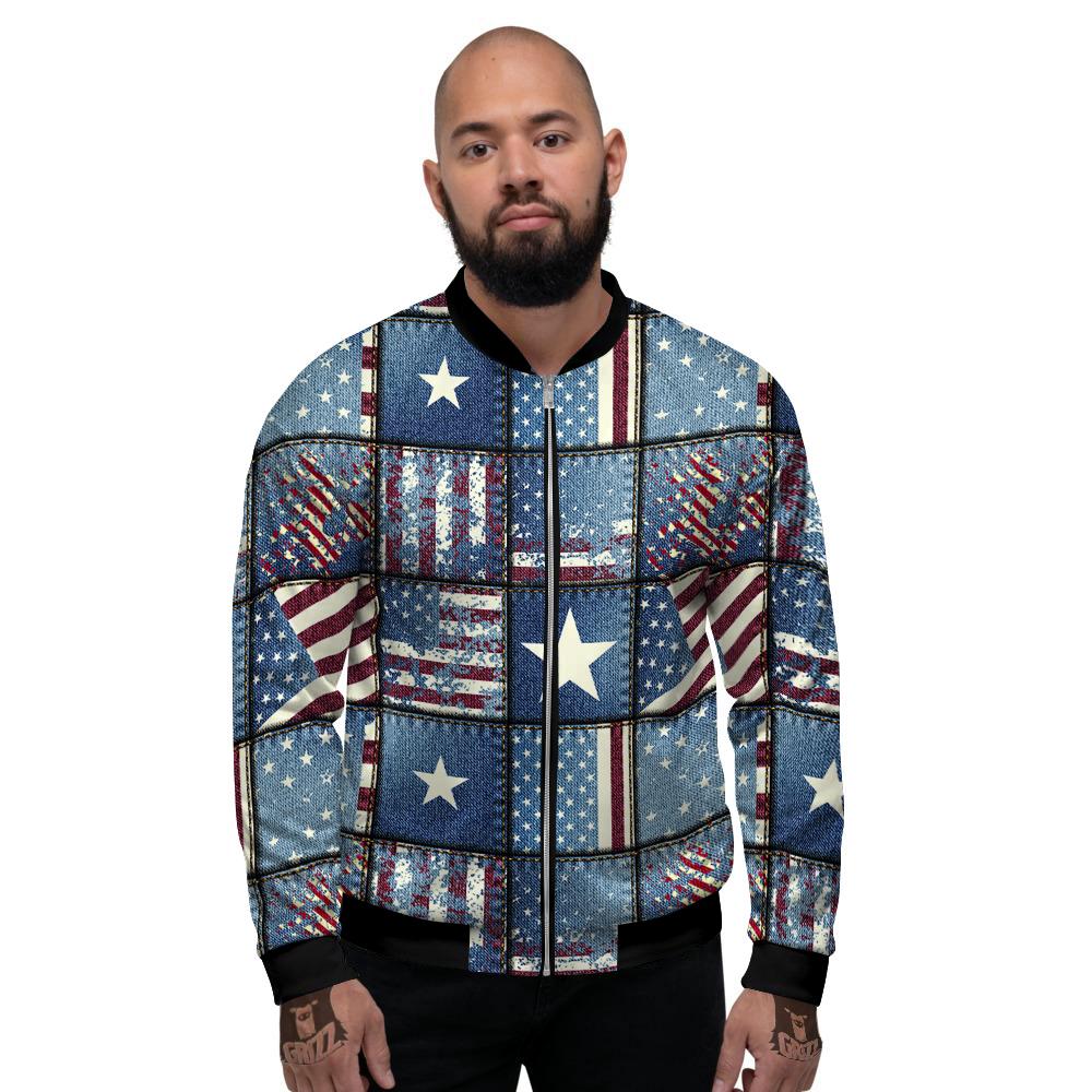 Patchwork USA Denim Print Pattern Men's Bomber Jacket-grizzshop
