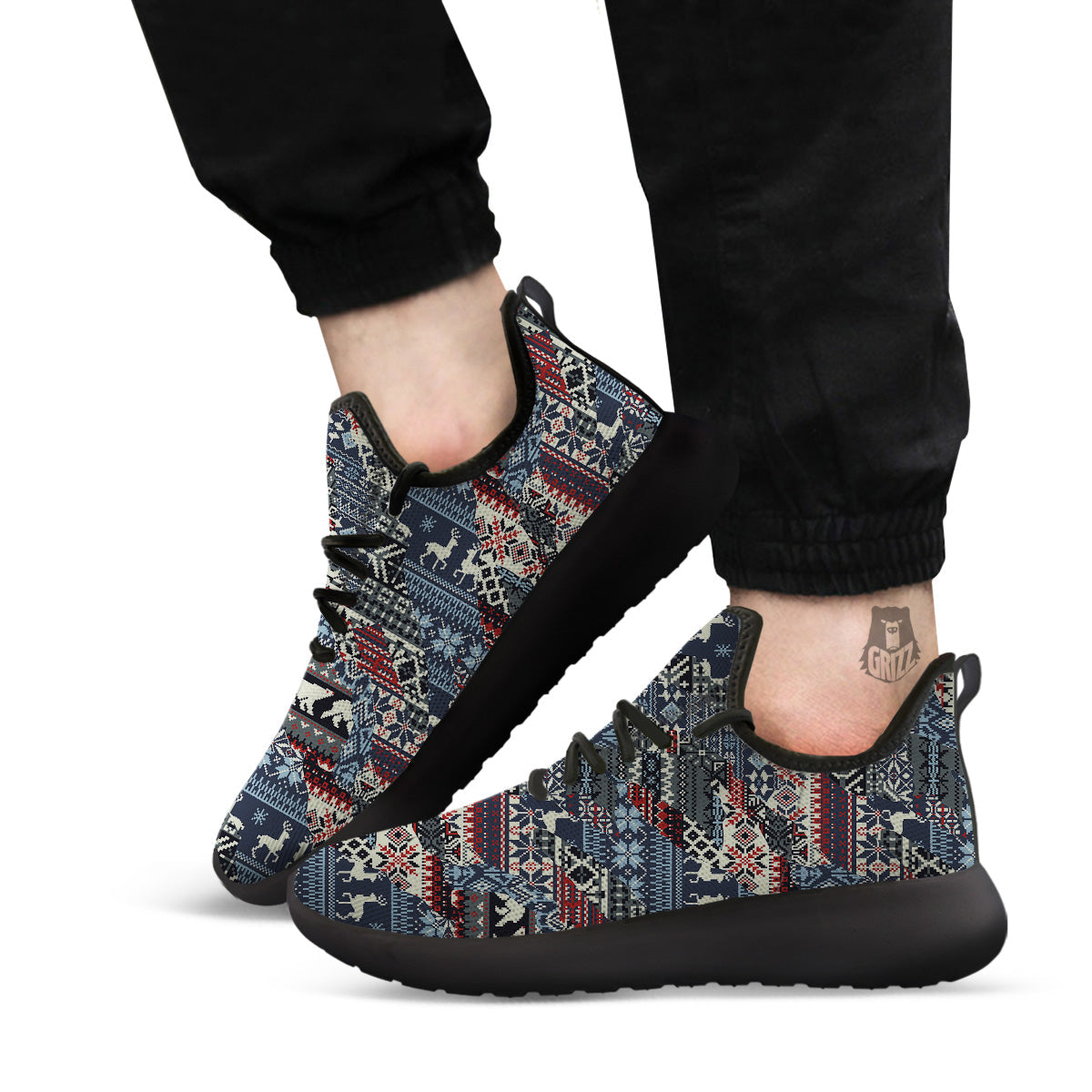 Patchwork Ugly Snowflake And Knitted Print Pattern Black Athletic Shoes-grizzshop