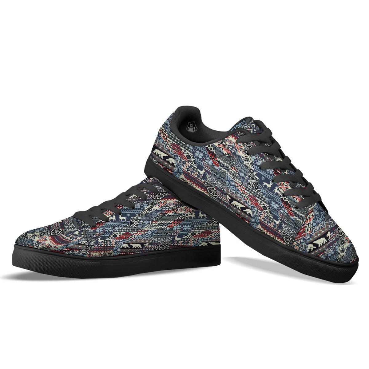Patchwork Ugly Snowflake And Knitted Print Pattern Black Low Top Sneakers-grizzshop