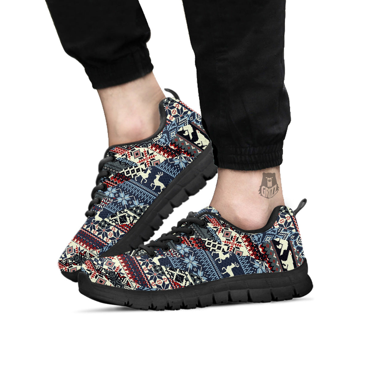 Patchwork Ugly Snowflake And Knitted Print Pattern Black Sneaker-grizzshop