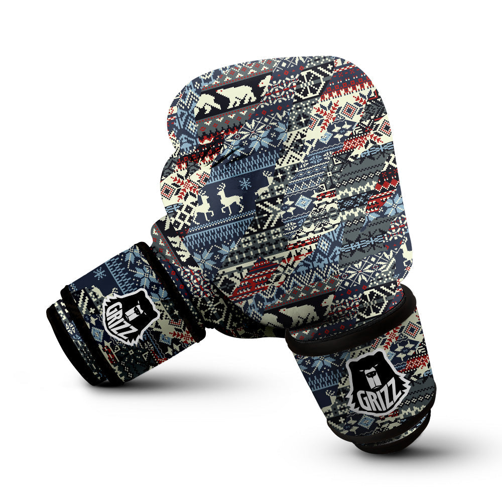 Patchwork Ugly Snowflake And Knitted Print Pattern Boxing Gloves-grizzshop