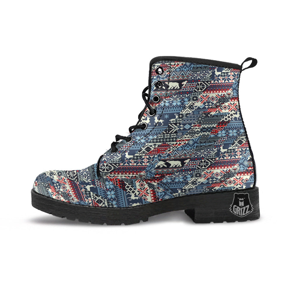 Patchwork Ugly Snowflake And Knitted Print Pattern Leather Boots-grizzshop