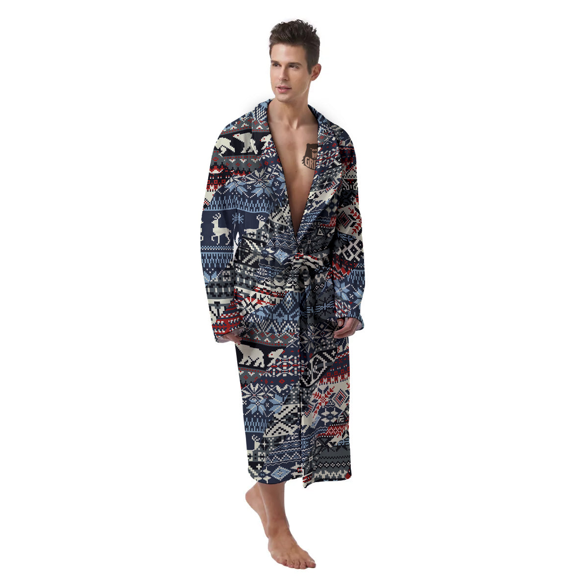 Patchwork Ugly Snowflake And Knitted Print Pattern Men's Robe-grizzshop