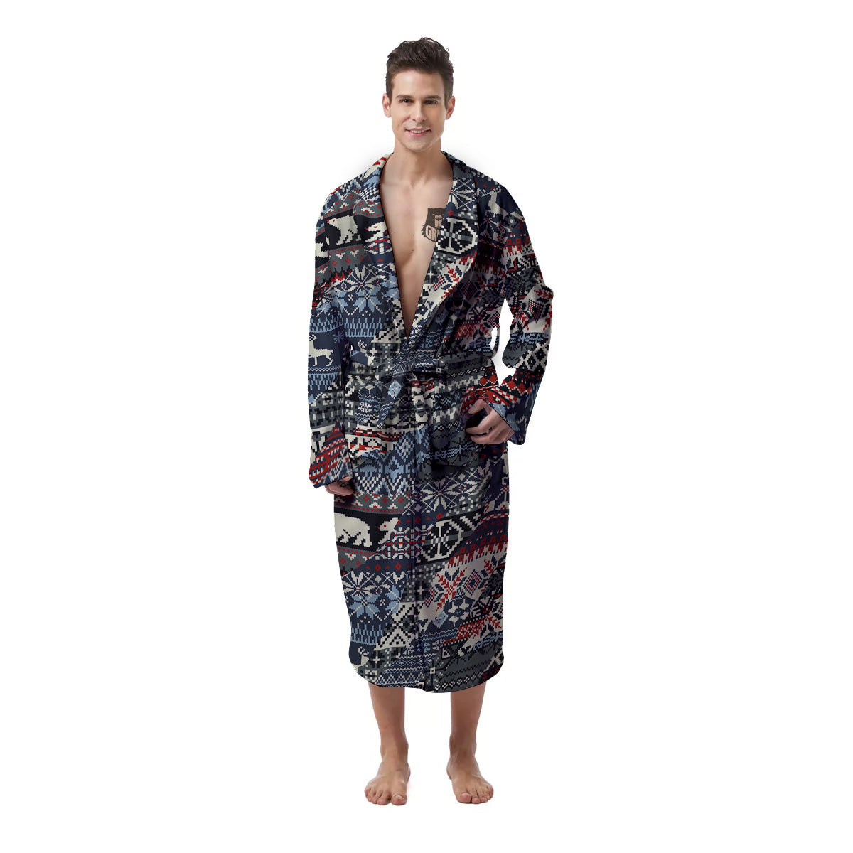 Patchwork Ugly Snowflake And Knitted Print Pattern Men's Robe-grizzshop