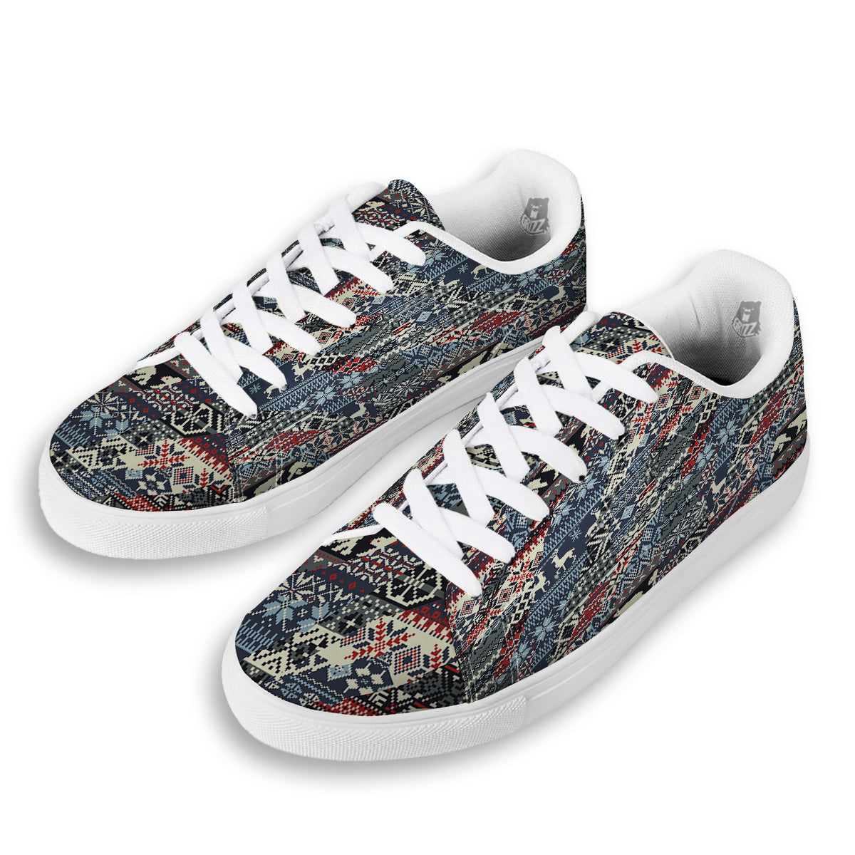 Patchwork Ugly Snowflake And Knitted Print Pattern White Low Top Sneakers-grizzshop