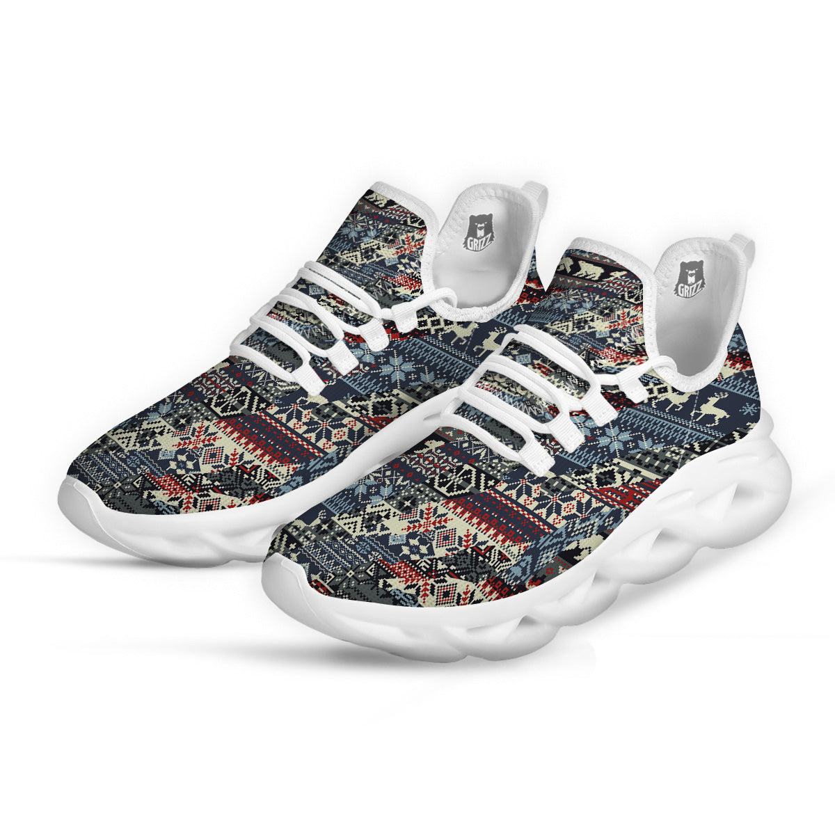 Patchwork Ugly Snowflake And Knitted Print Pattern White Running Shoes-grizzshop