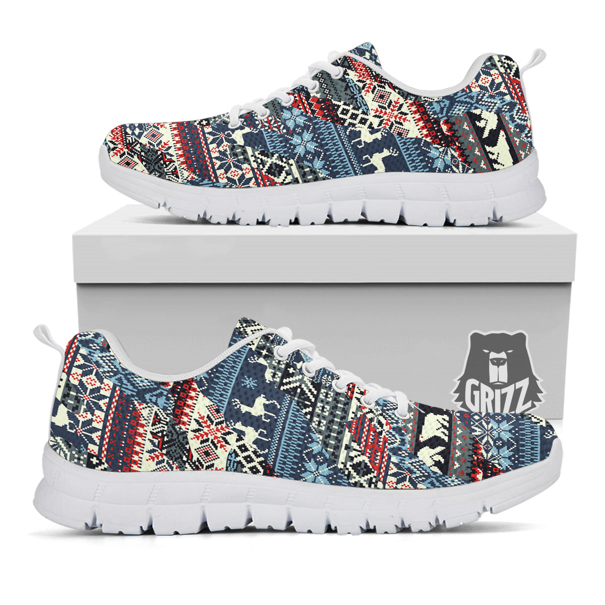 Patchwork Ugly Snowflake And Knitted Print Pattern White Sneaker-grizzshop