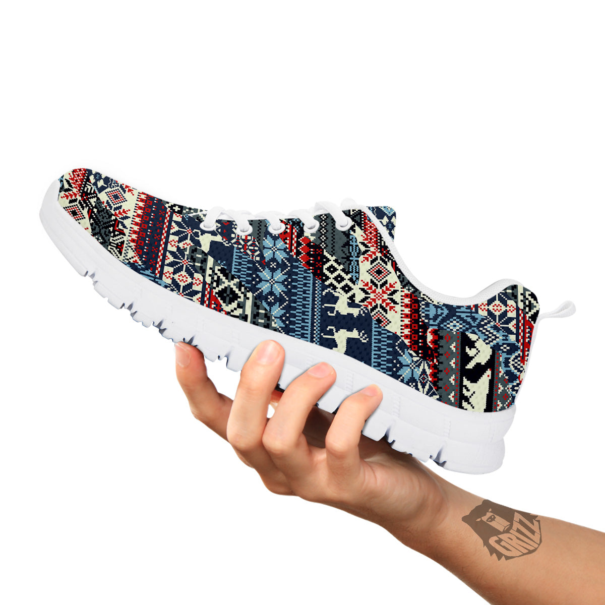 Patchwork Ugly Snowflake And Knitted Print Pattern White Sneaker-grizzshop