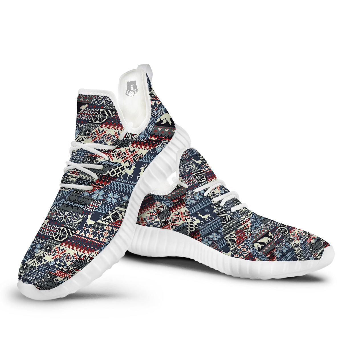 Patchwork Ugly Snowflake And Knitted Print Pattern White Walking Shoes-grizzshop