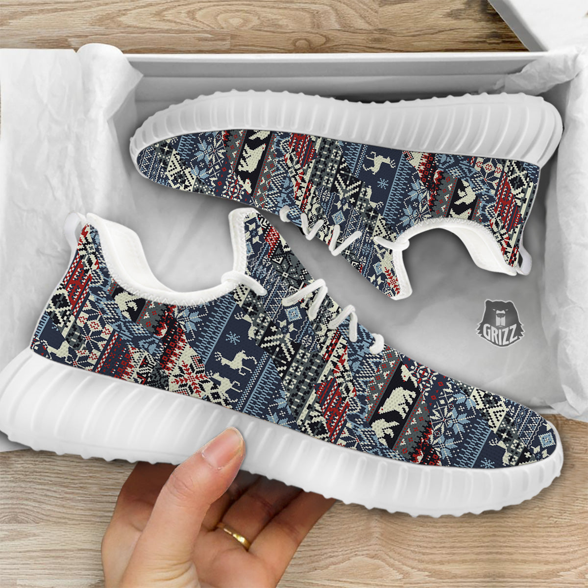 Patchwork Ugly Snowflake And Knitted Print Pattern White Walking Shoes-grizzshop
