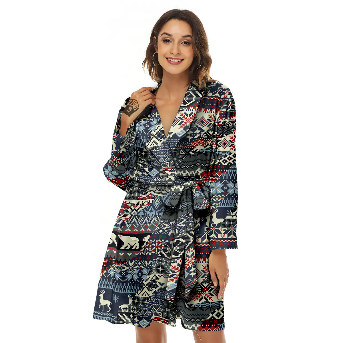 Patchwork Ugly Snowflake And Knitted Print Pattern Women's Robe-grizzshop
