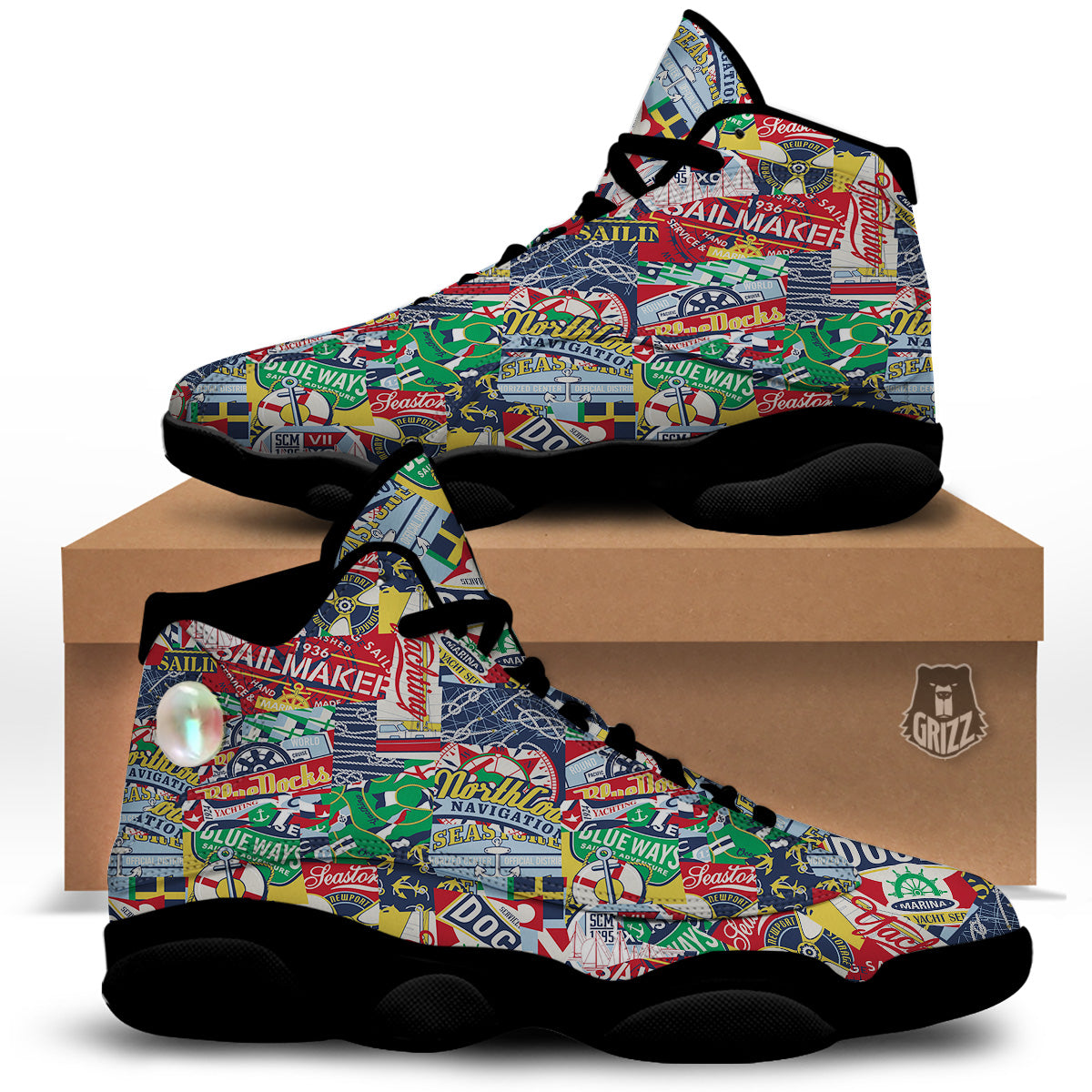 Patchwork Vintage Nautical Print Pattern Black Basketball Shoes-grizzshop