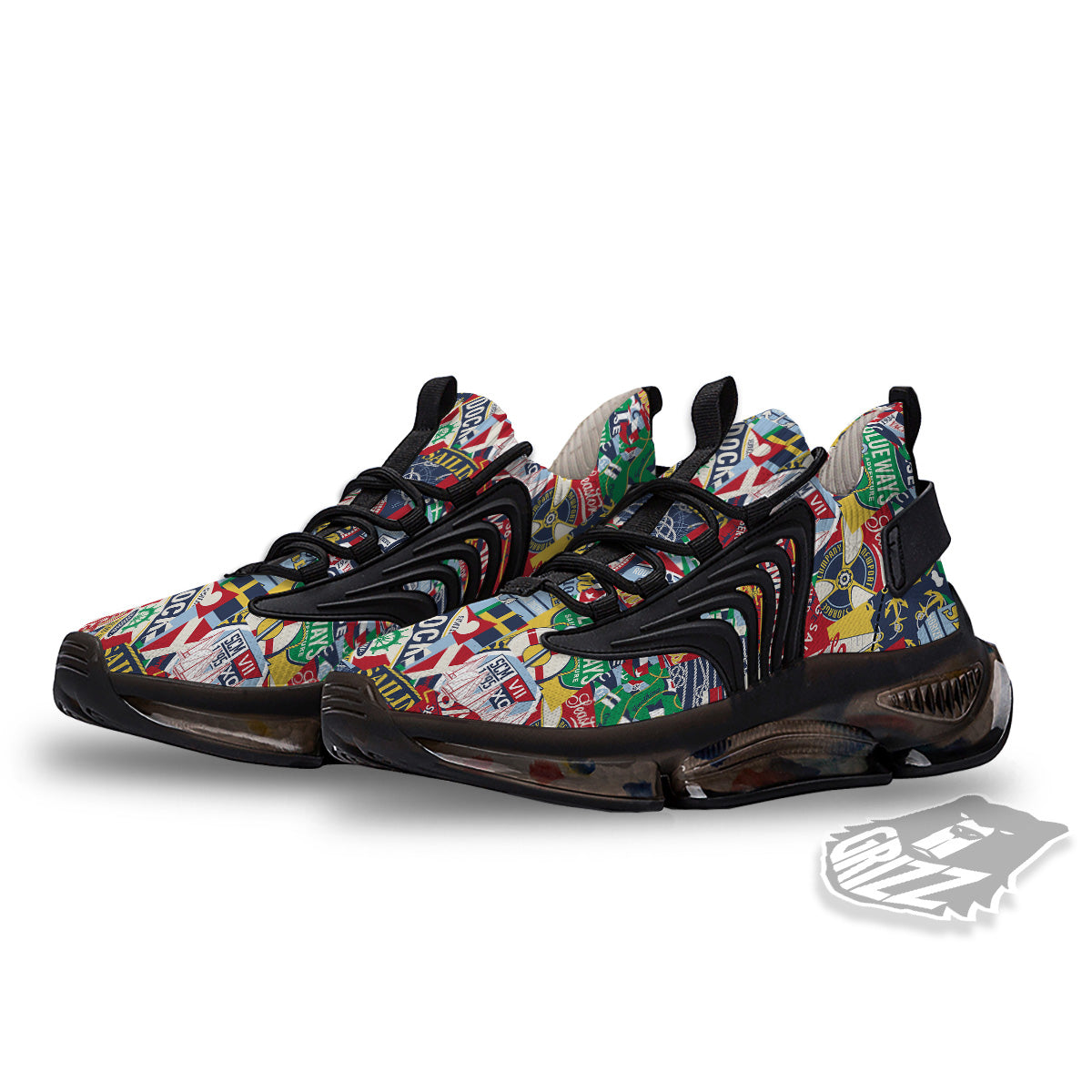 Patchwork Vintage Nautical Print Pattern Black Gym Shoes-grizzshop