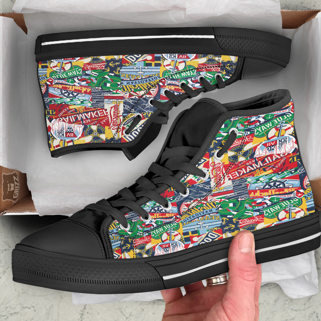 Patchwork Vintage Nautical Print Pattern Black High Top Shoes-grizzshop
