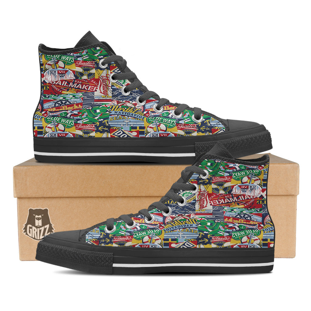 Patchwork Vintage Nautical Print Pattern Black High Top Shoes-grizzshop