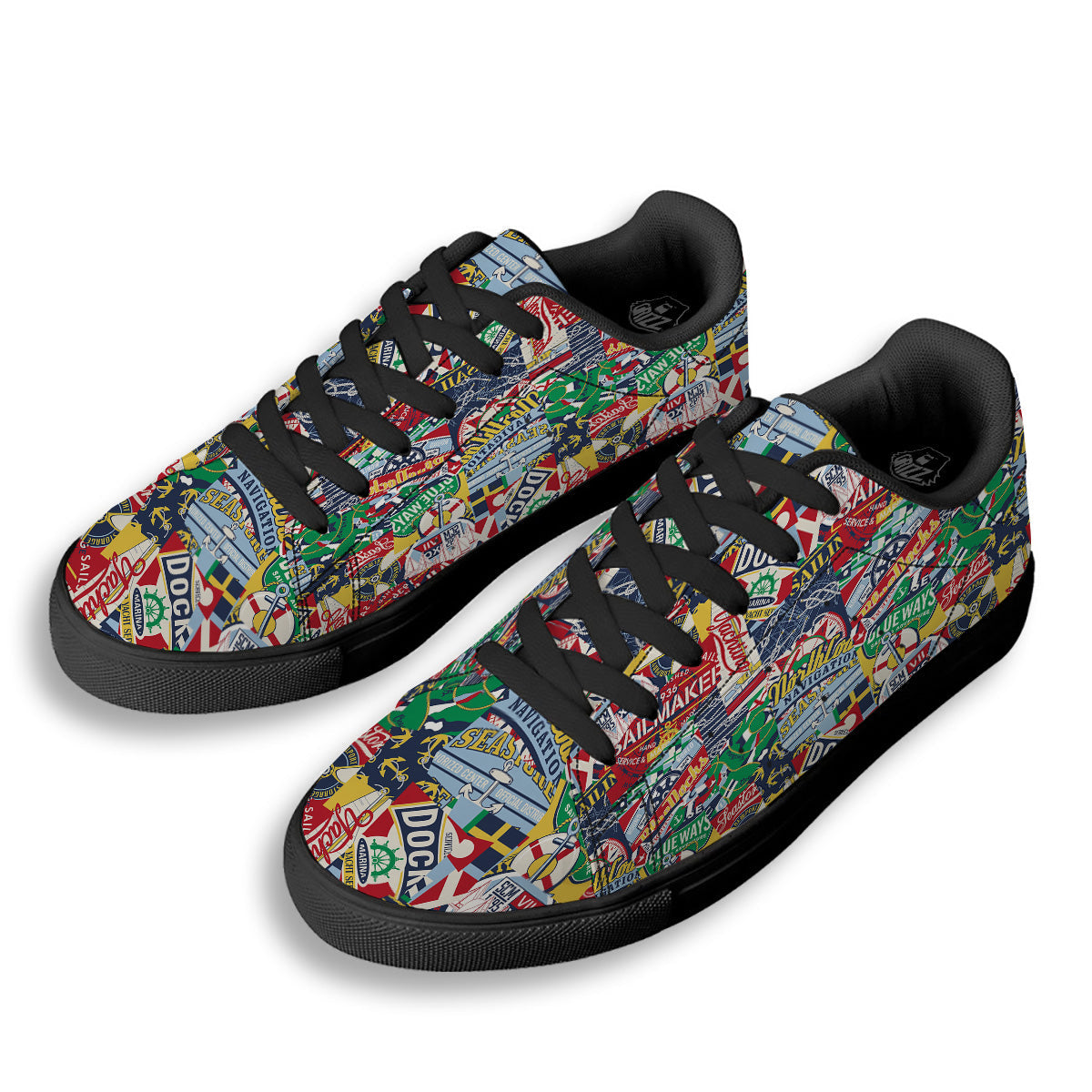 Patchwork Vintage Nautical Print Pattern Black Low Top Sneakers-grizzshop