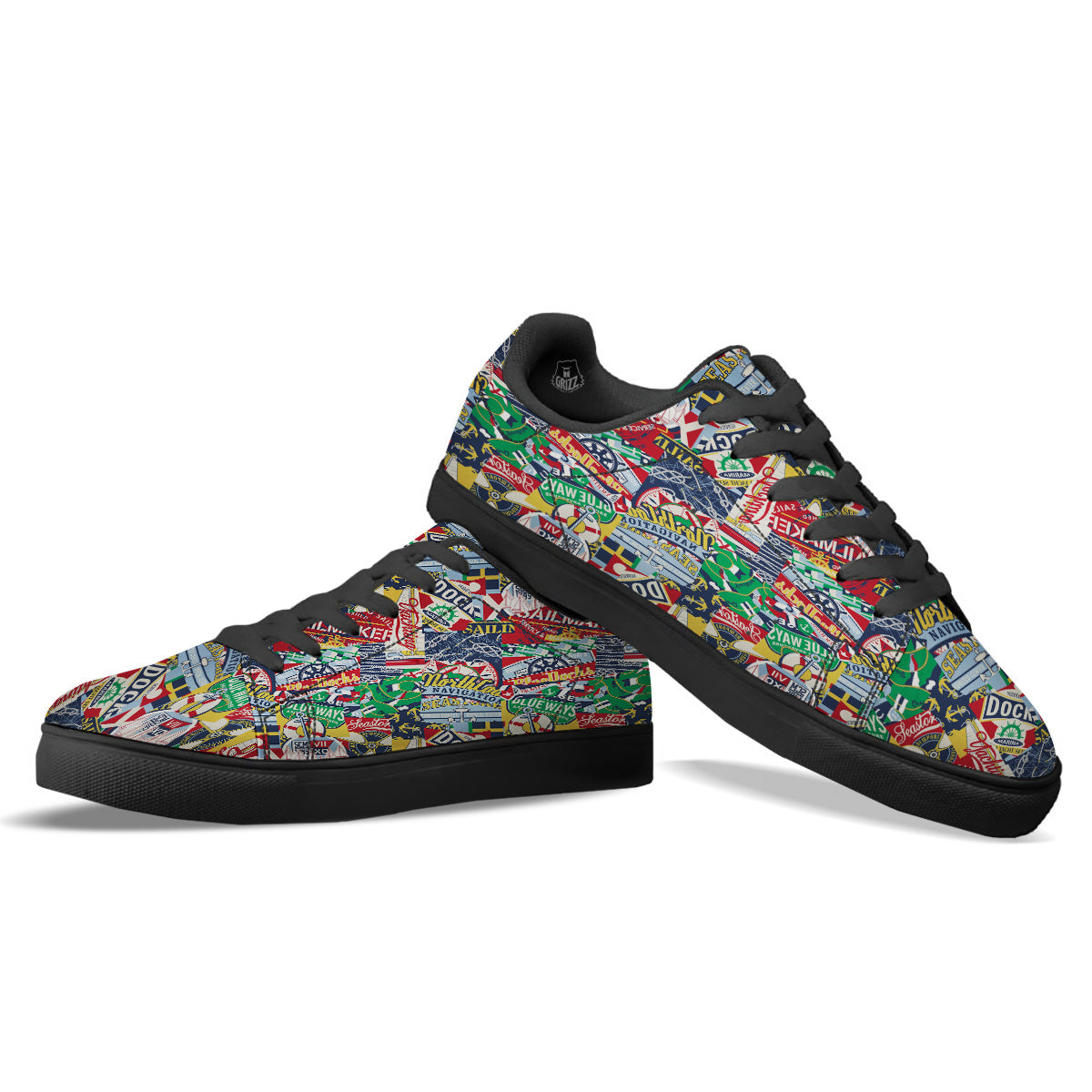 Patchwork Vintage Nautical Print Pattern Black Low Top Sneakers-grizzshop