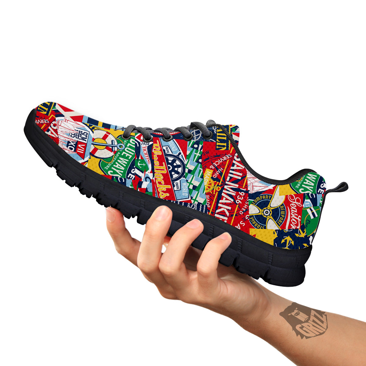 Patchwork Vintage Nautical Print Pattern Black Sneaker-grizzshop