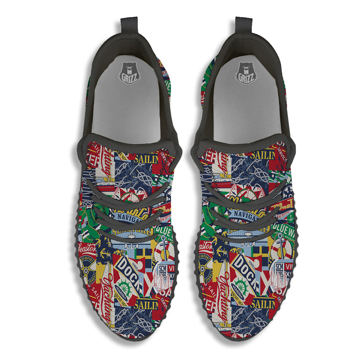 Patchwork Vintage Nautical Print Pattern Black Walking Shoes-grizzshop