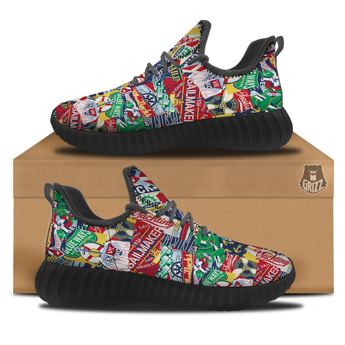 Patchwork Vintage Nautical Print Pattern Black Walking Shoes-grizzshop