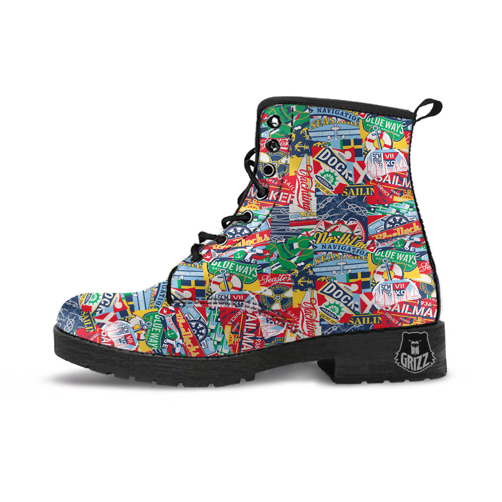 Patchwork Vintage Nautical Print Pattern Leather Boots-grizzshop
