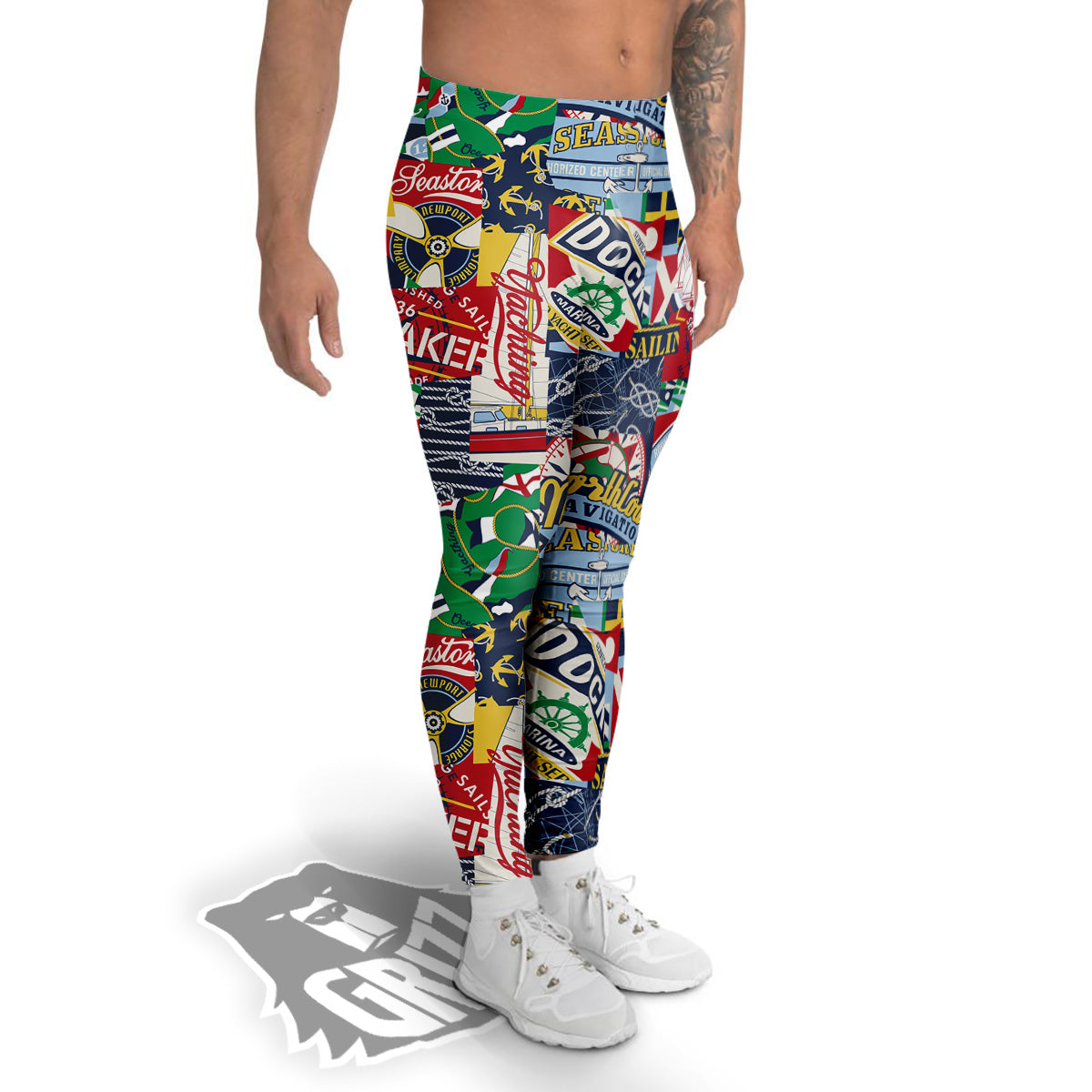 Patchwork Vintage Nautical Print Pattern Men's Leggings-grizzshop