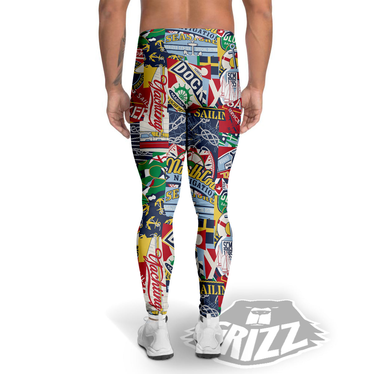 Patchwork Vintage Nautical Print Pattern Men's Leggings-grizzshop