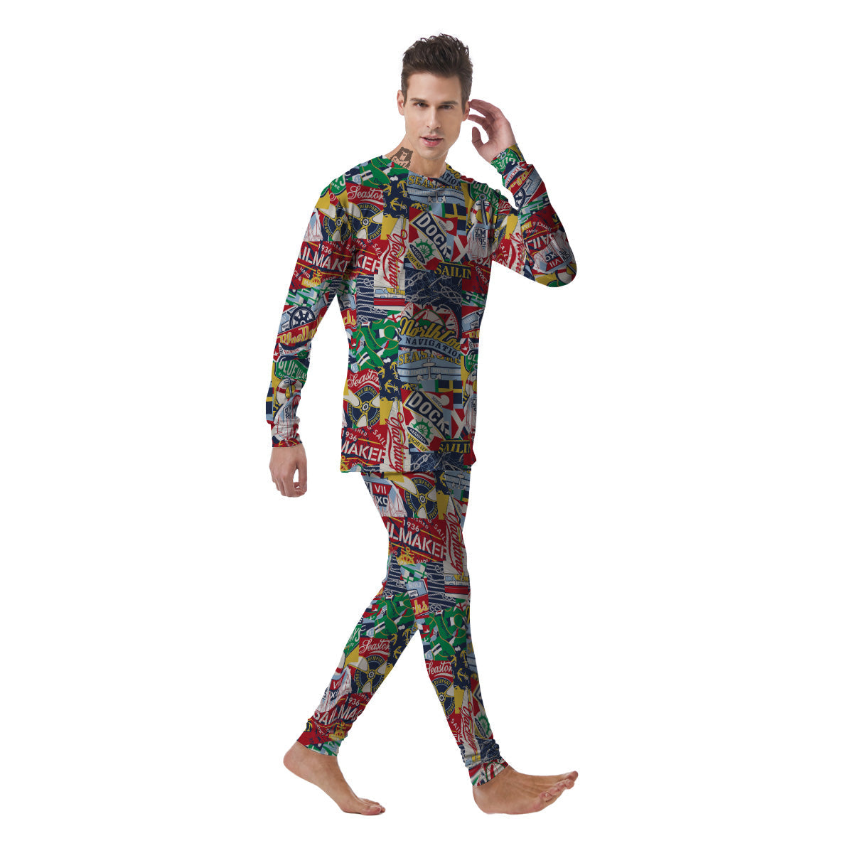 Patchwork Vintage Nautical Print Pattern Men's Pajamas-grizzshop
