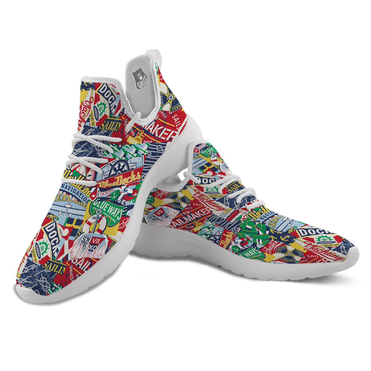 Patchwork Vintage Nautical Print Pattern White Athletic Shoes-grizzshop