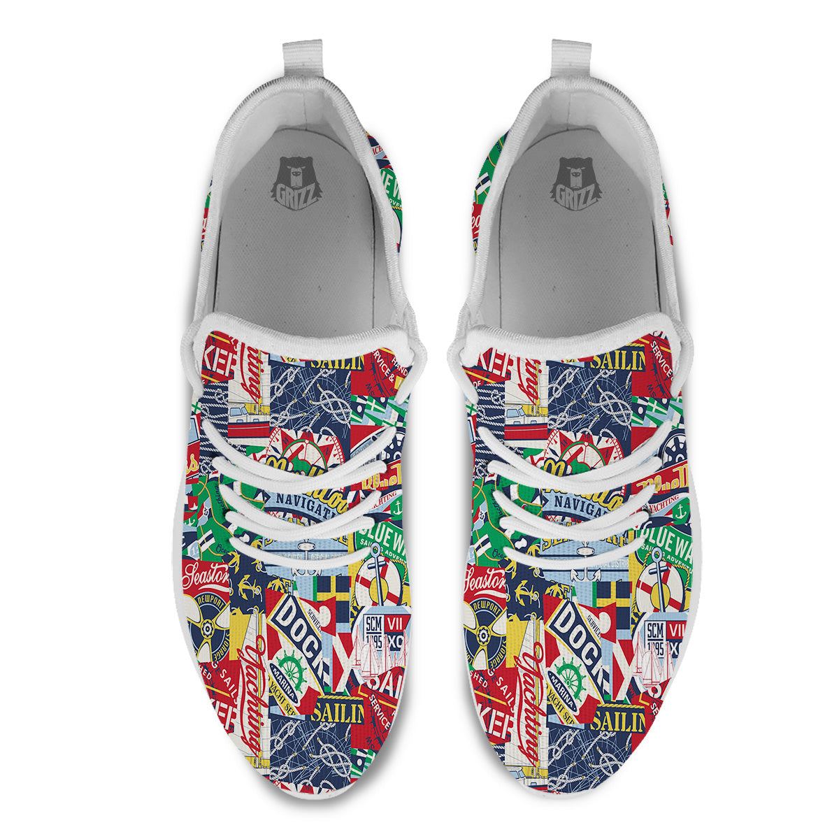 Patchwork Vintage Nautical Print Pattern White Athletic Shoes-grizzshop