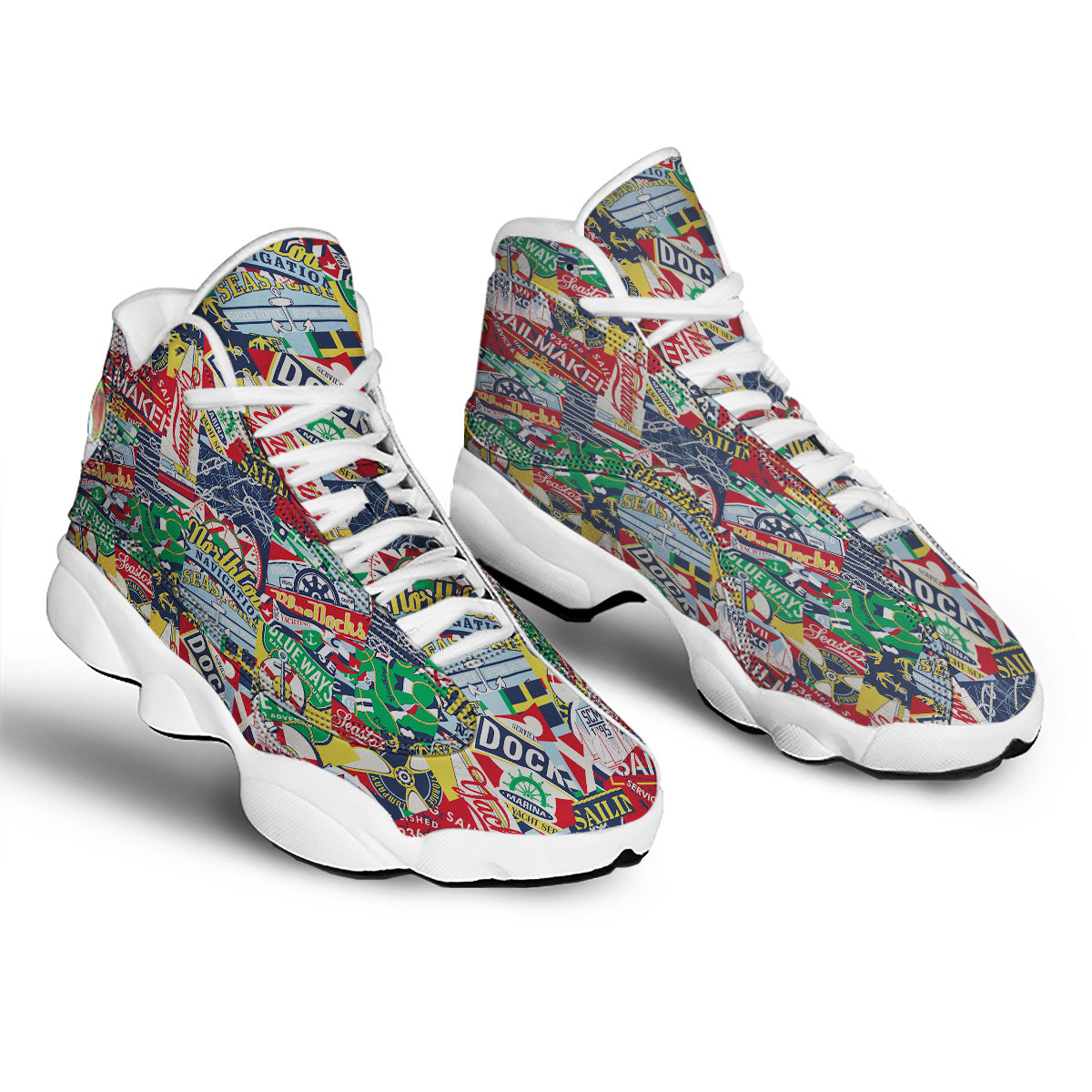 Patchwork Vintage Nautical Print Pattern White Basketball Shoes-grizzshop
