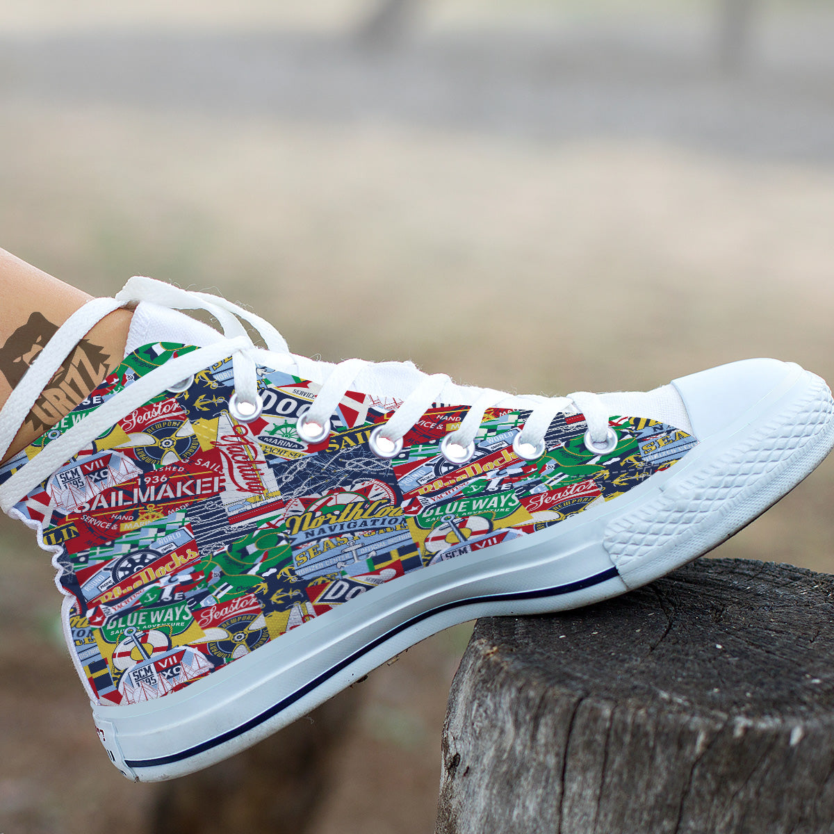 Patchwork Vintage Nautical Print Pattern White High Top Shoes-grizzshop