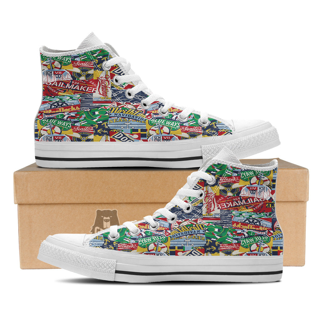 Patchwork Vintage Nautical Print Pattern White High Top Shoes-grizzshop