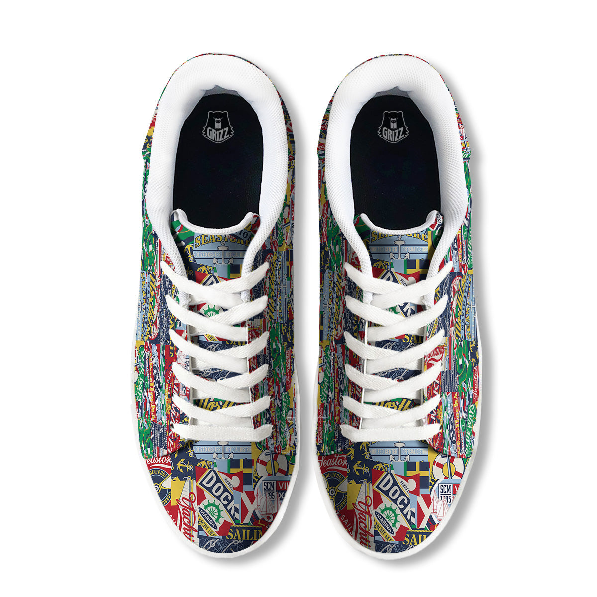 Patchwork Vintage Nautical Print Pattern White Low Top Sneakers-grizzshop