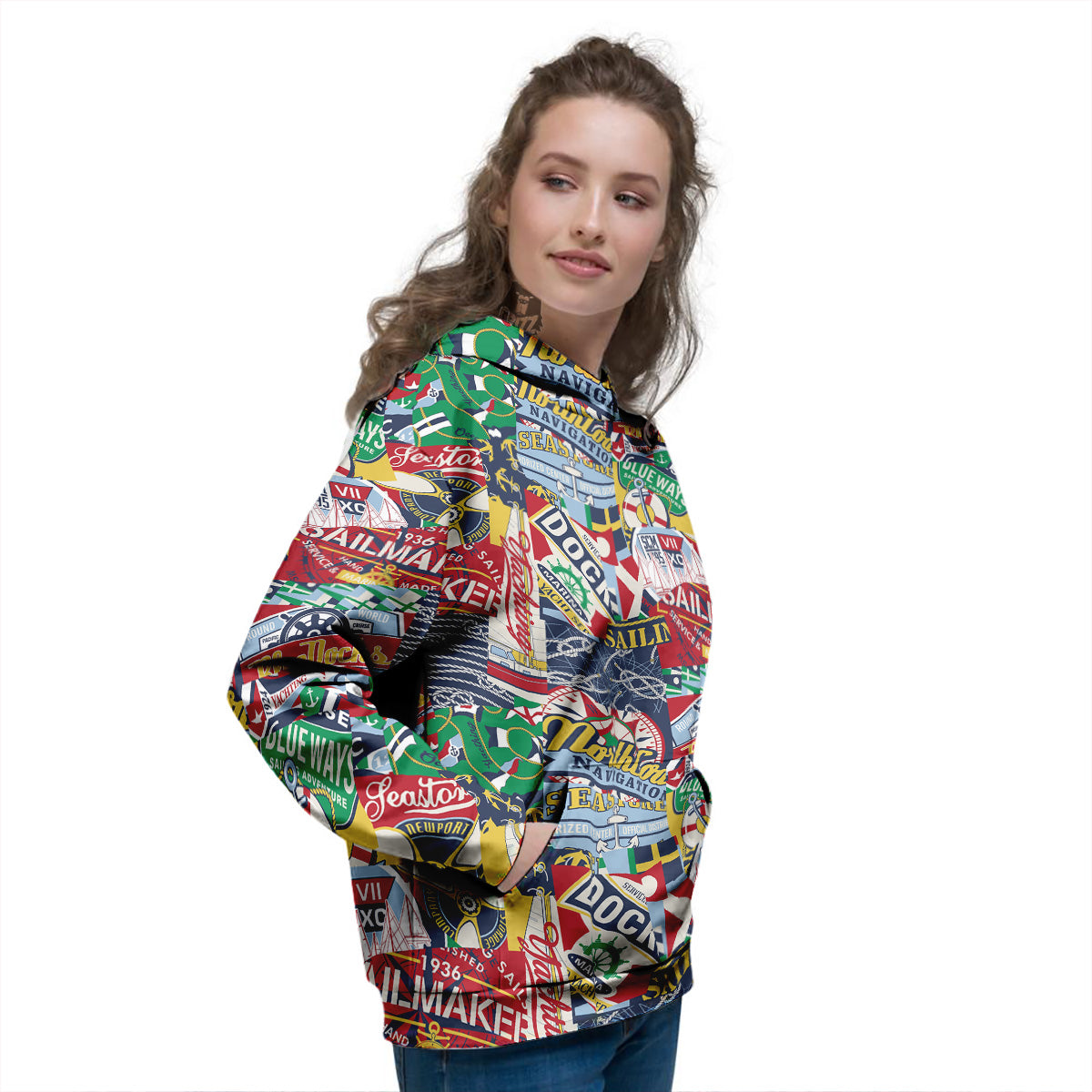 Patchwork Vintage Nautical Print Pattern Women's Hoodie-grizzshop