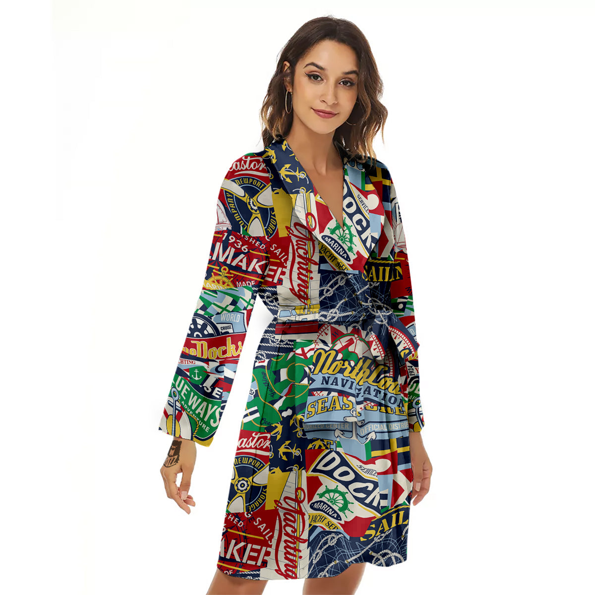 Patchwork Vintage Nautical Print Pattern Women's Robe-grizzshop