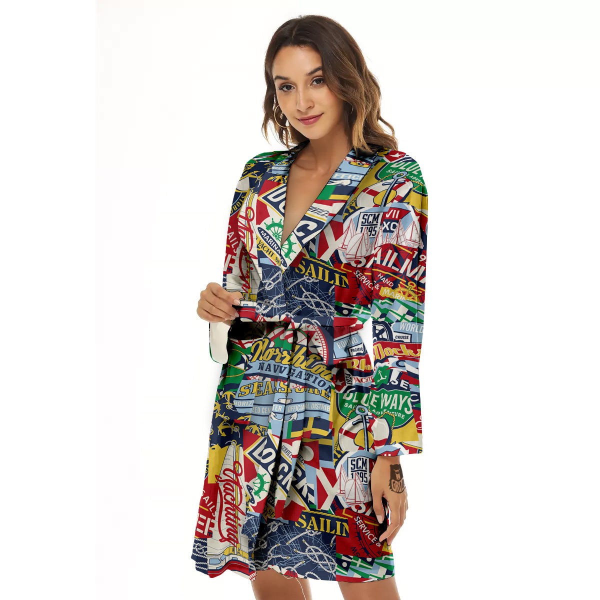 Patchwork Vintage Nautical Print Pattern Women's Robe-grizzshop