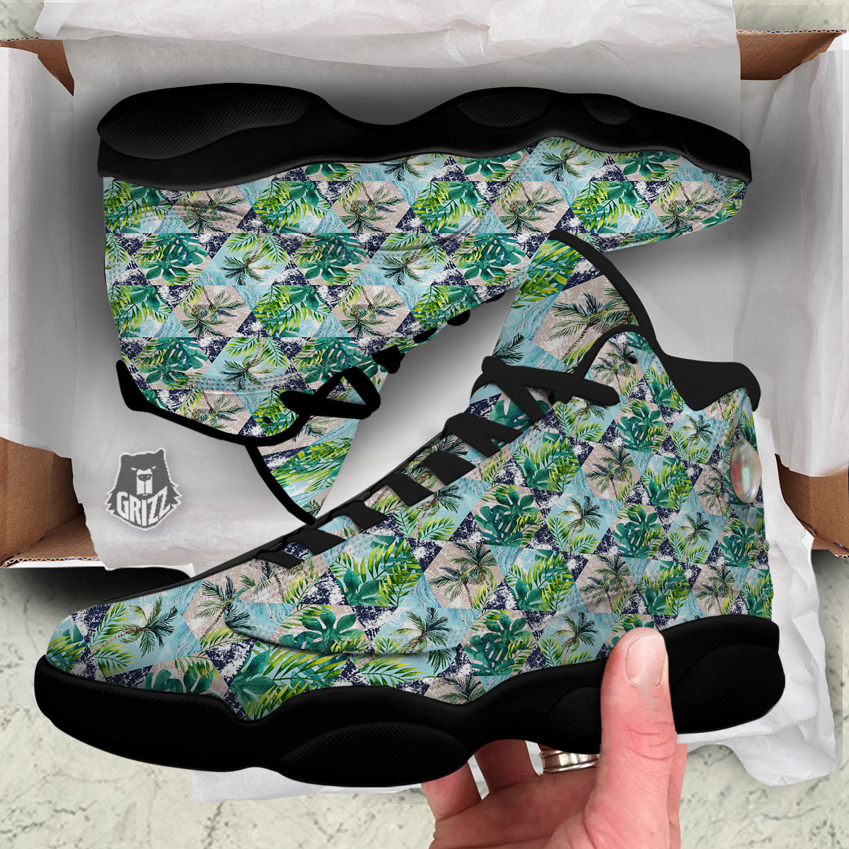 Patchwork Watercolor Tropical Leaves Print Pattern Black Basketball Shoes-grizzshop