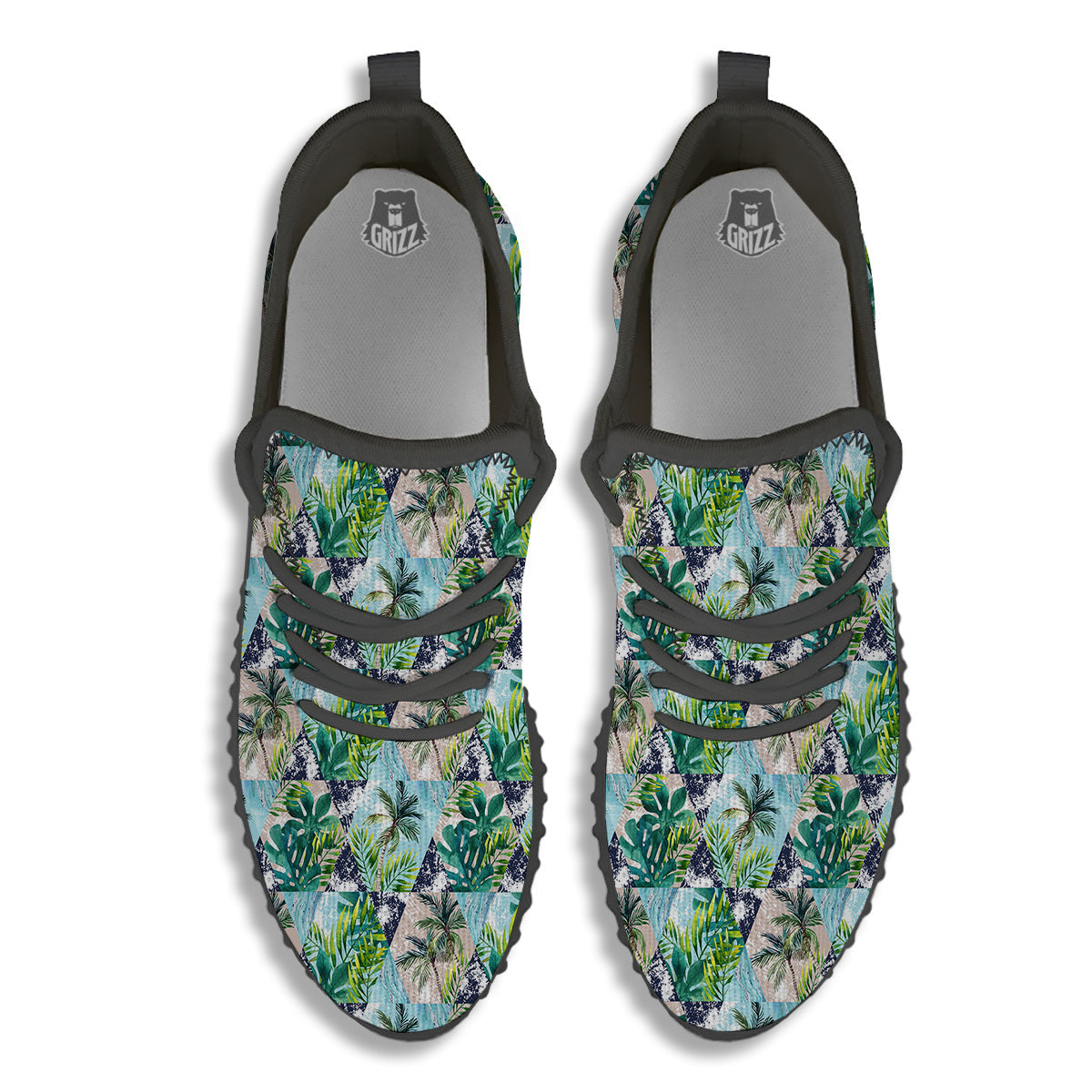 Patchwork Watercolor Tropical Leaves Print Pattern Black Walking Shoes-grizzshop