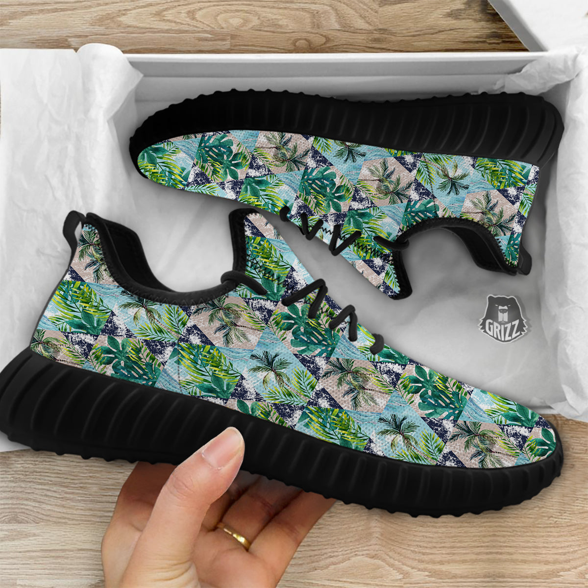 Patchwork Watercolor Tropical Leaves Print Pattern Black Walking Shoes-grizzshop
