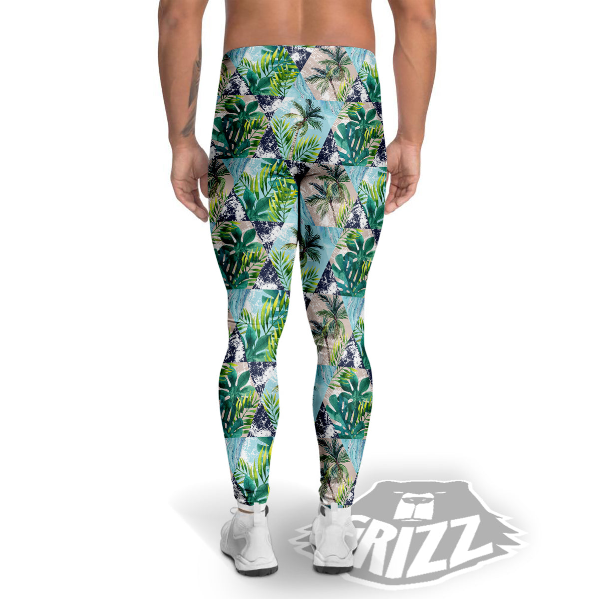 Patchwork Watercolor Tropical Leaves Print Pattern Men's Leggings-grizzshop