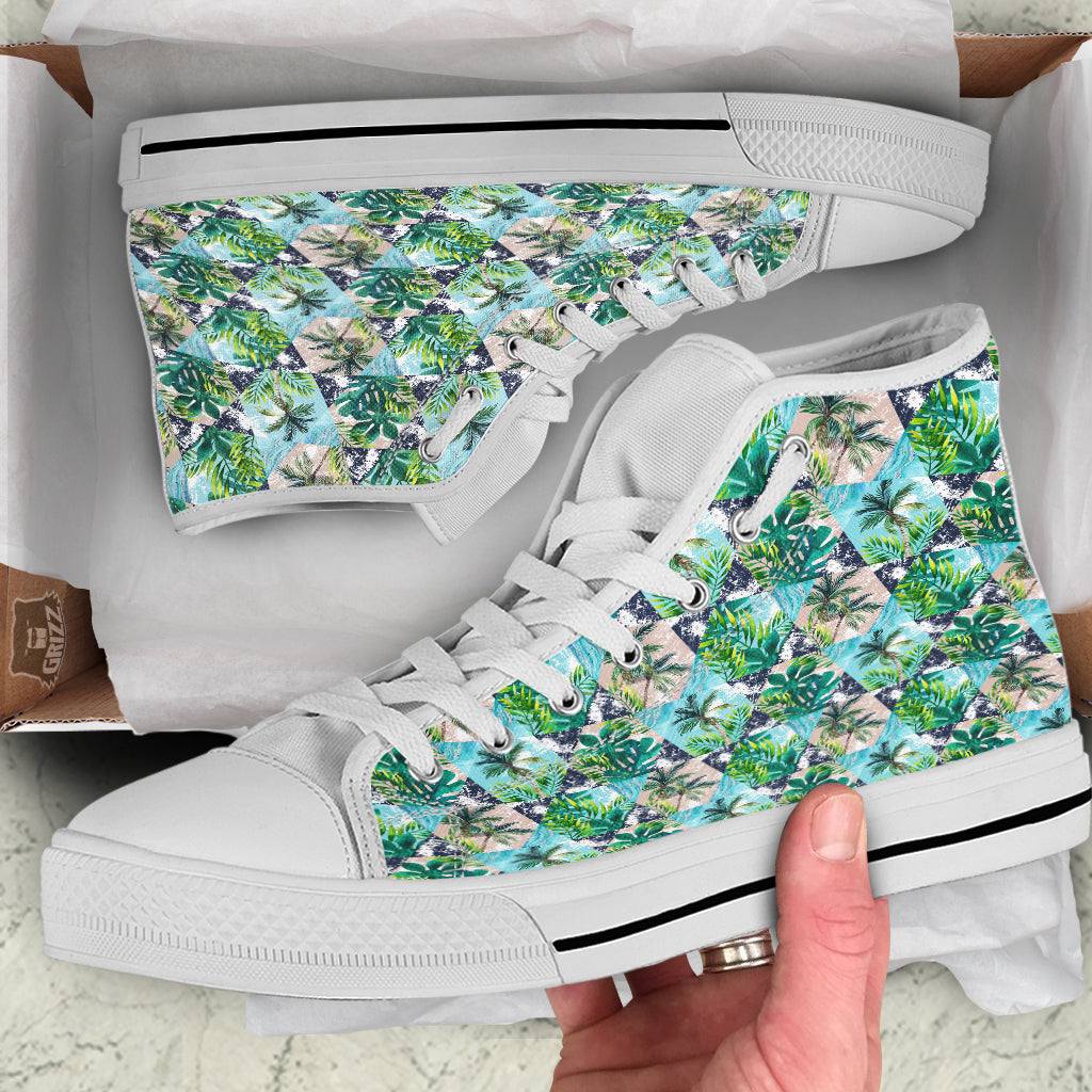 Patchwork Watercolor Tropical Leaves Print Pattern White High Top Shoes-grizzshop