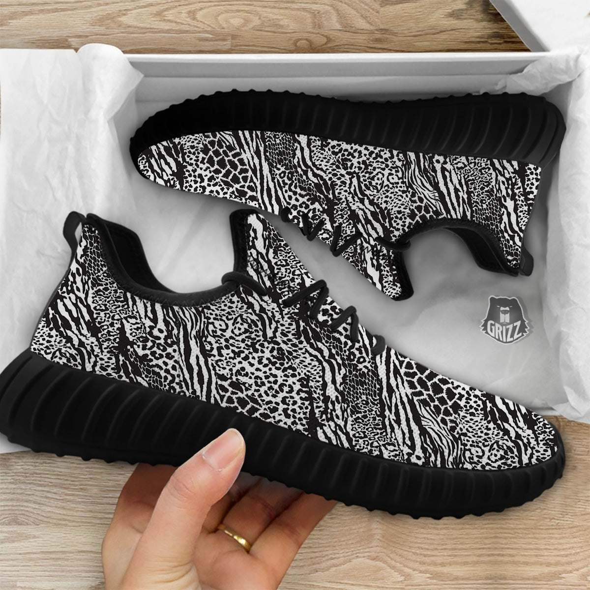 Patchwork White Black Animal Skins Print Pattern Black Walking Shoes-grizzshop