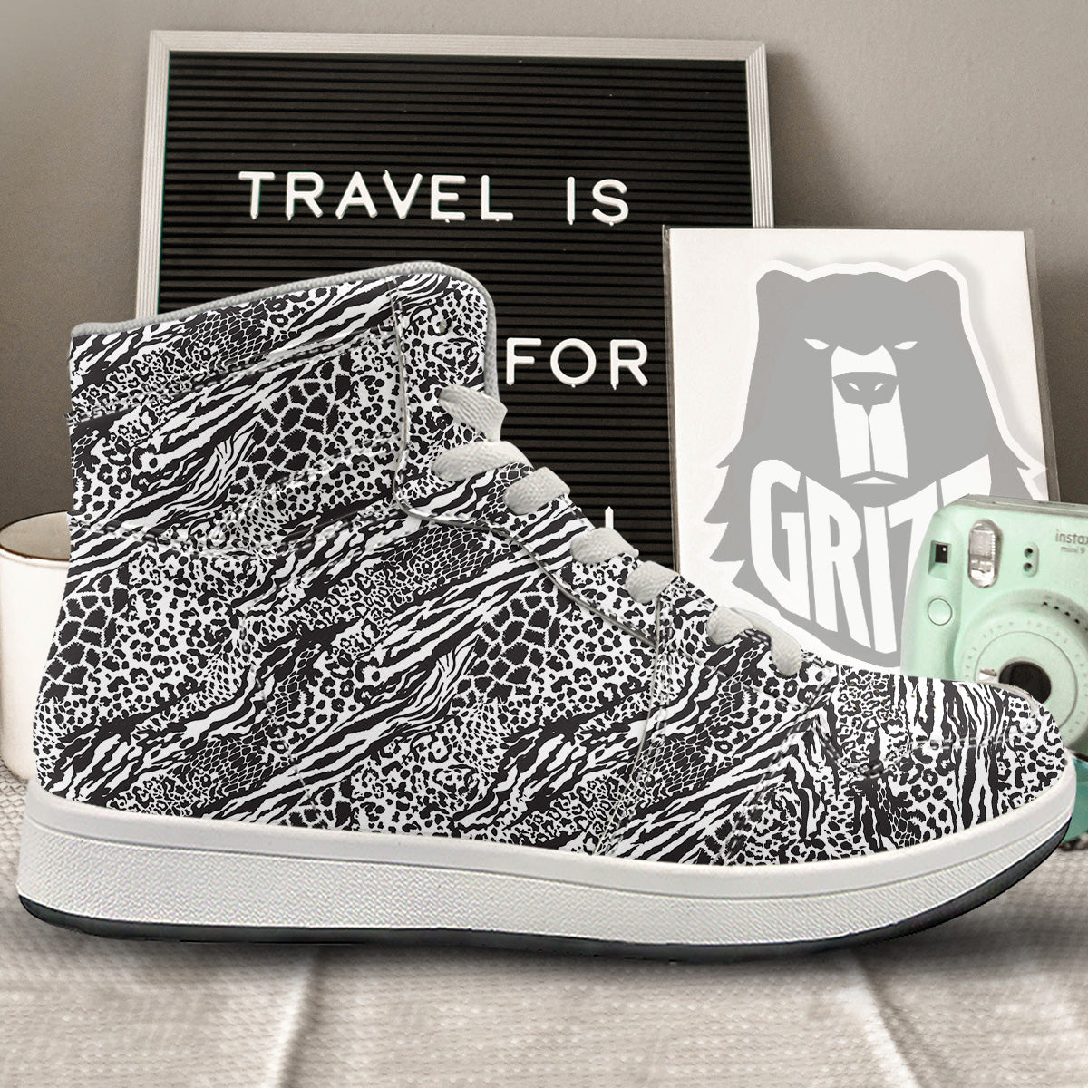 Patchwork White Black Animal Skins Print Pattern High Top Sneakers-grizzshop