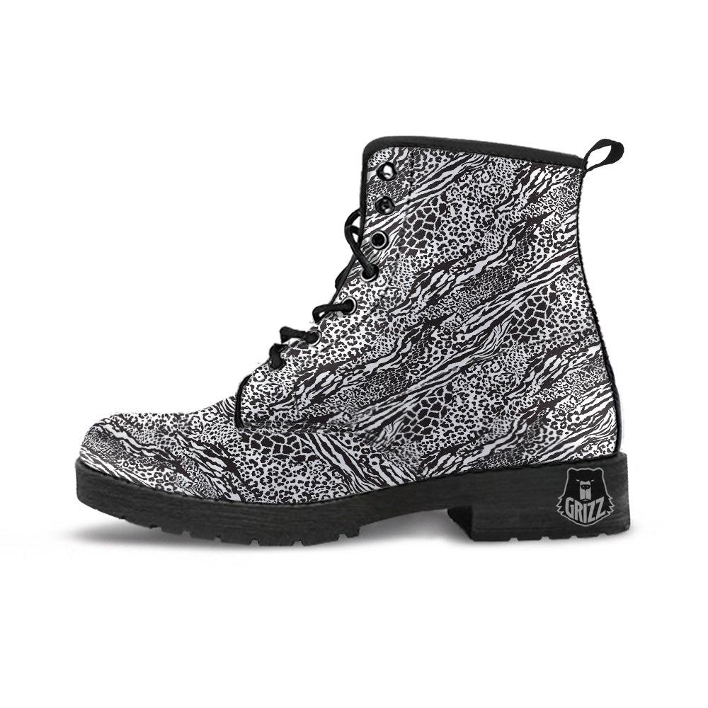Patchwork White Black Animal Skins Print Pattern Leather Boots-grizzshop