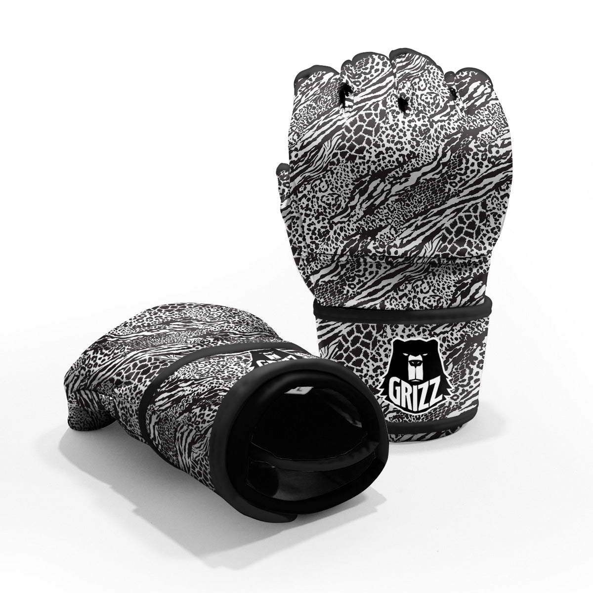 Patchwork White Black Animal Skins Print Pattern MMA Gloves-grizzshop