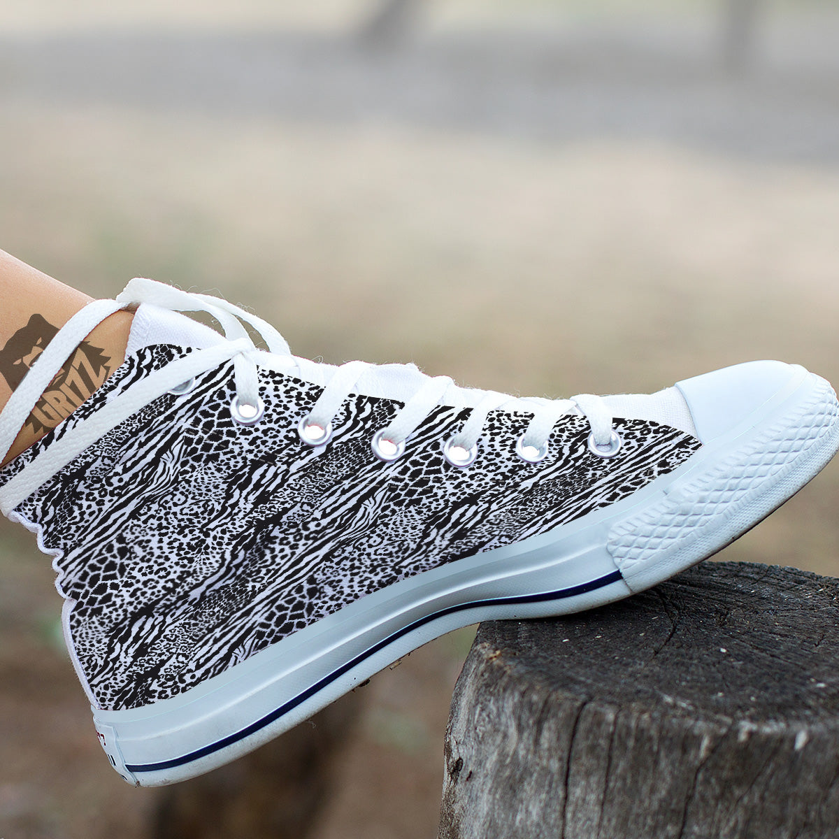 Patchwork White Black Animal Skins Print Pattern White High Top Shoes-grizzshop