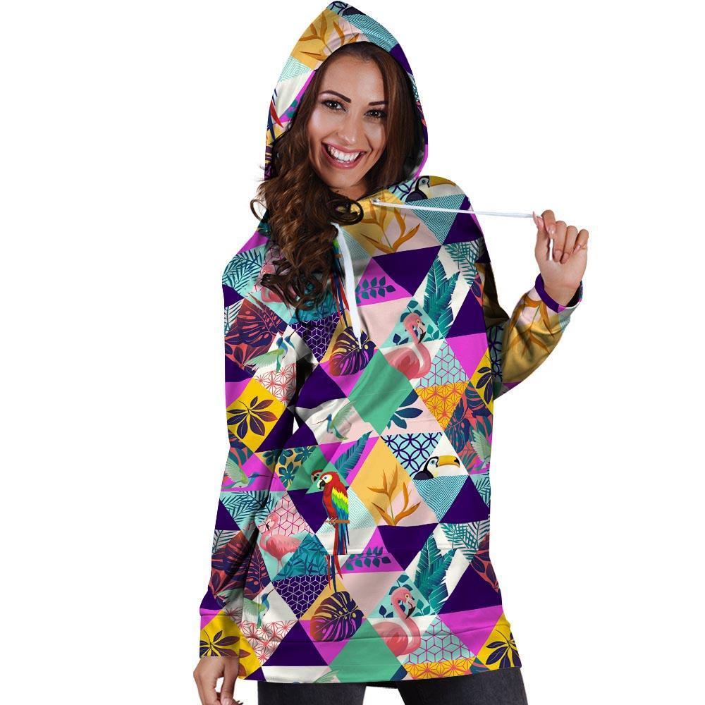Patchwork Tropical Bird Print Hoodie Dress-grizzshop